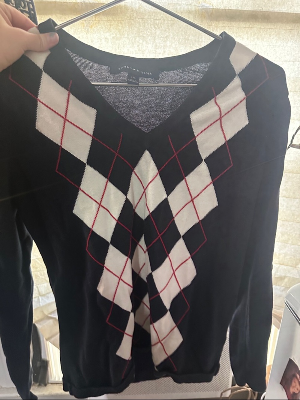 Tommy Hilfiger Black V-Neck Argyle Sweater with White and Red Accents